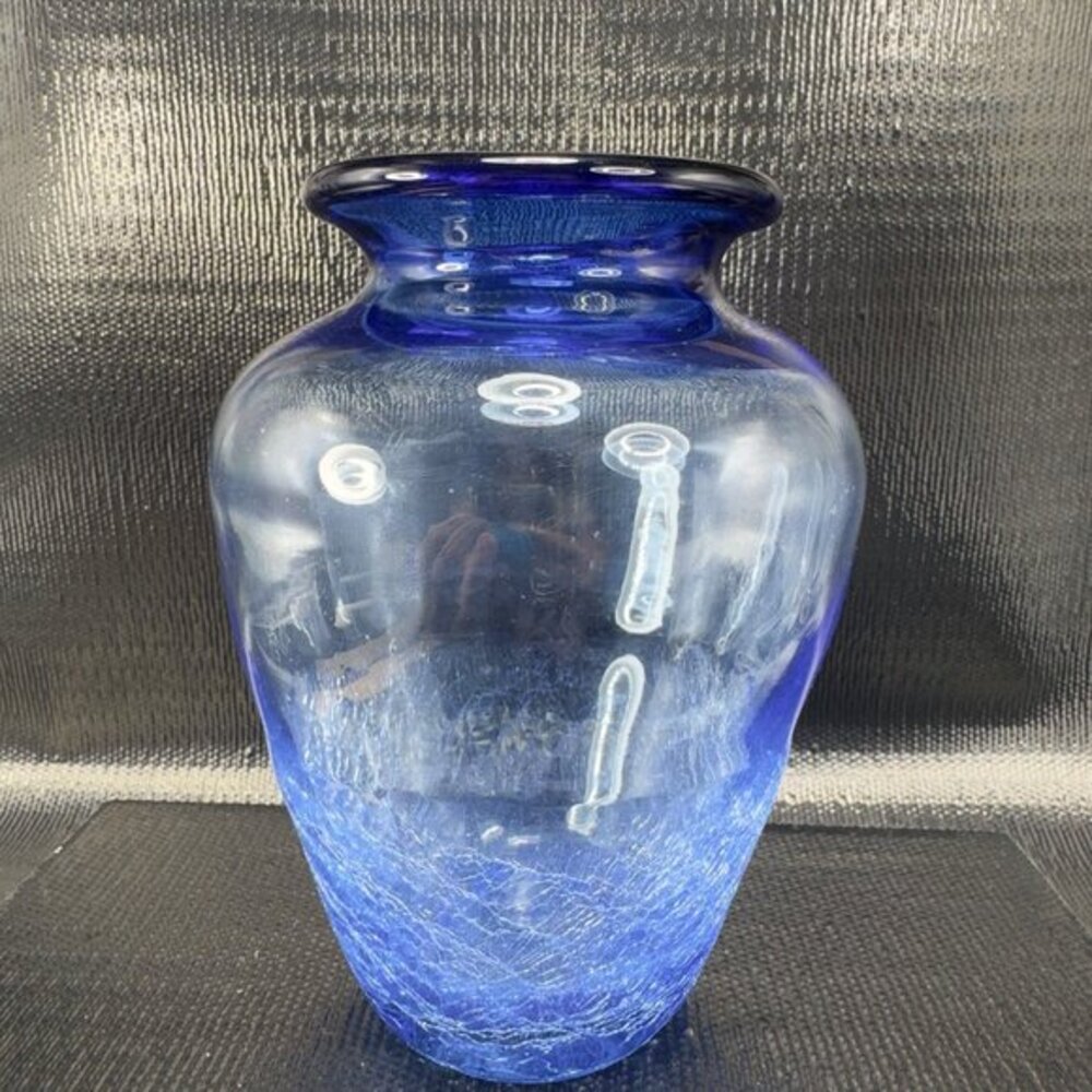 Hand‎ Blown Blue Crackle Glass Vase Vessel Hand Made Glass Vase Studio Art Glass